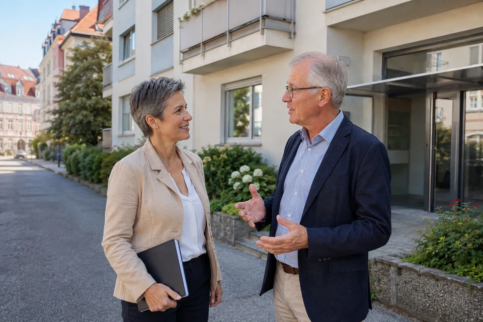Symbolisches Gespräch vor einem österreichischen Mehrfamilienhaus.